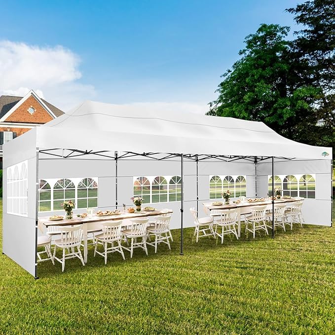 COBIZI 10x30 Pop up Canopy Tent with Sidewalls, Heavy Duty Party Tent Tents for Parties, Foldable UPF 50+ Waterproof Commercial Easy up Canopy with Roller Bag, White(Windproof Upgraded)