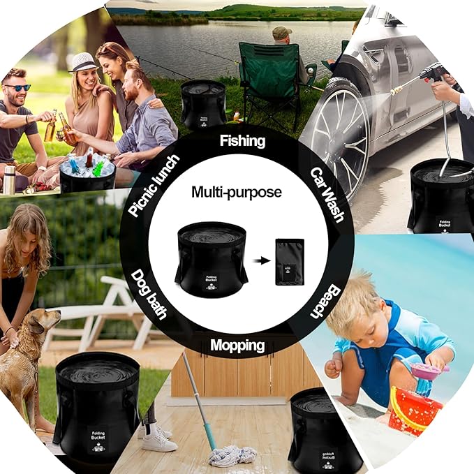 Collapsible Bucket with Handle, Lightweight Folding Water Container, Portable Collapsible Bucket for Fishing, Camping, Hiking, Backpacking, Outdoor Survival, Car Washing Black 12L