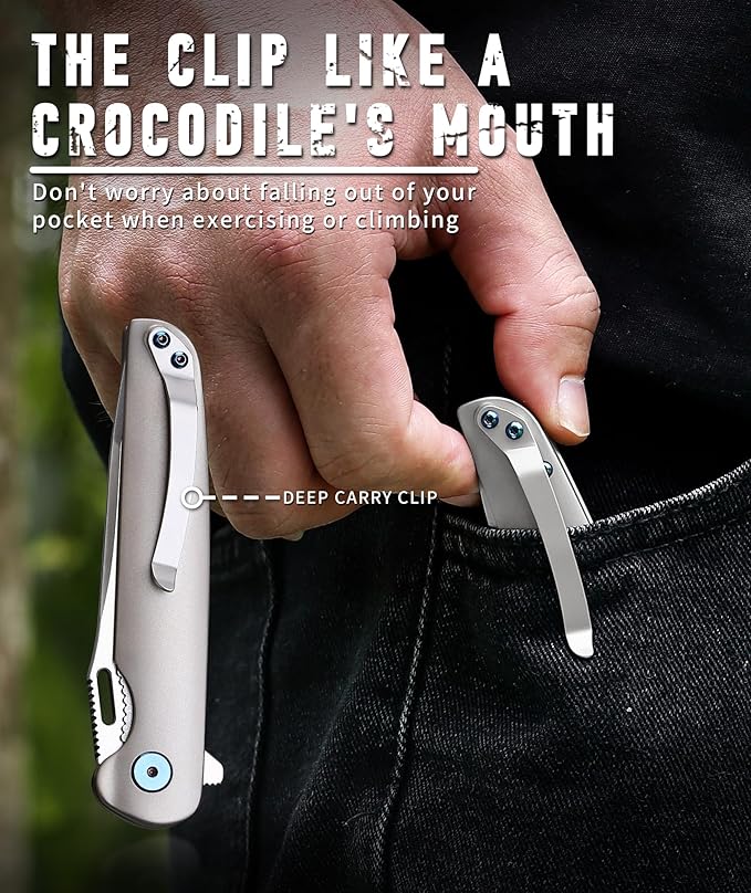 The pocket camping knife,Titanium Alloy Handle 3.2”blade Folding Pocket Knife with clip