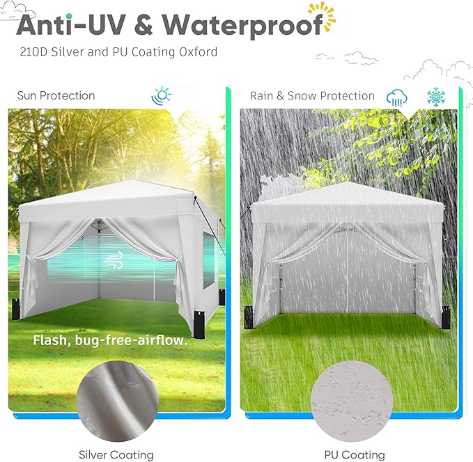 SANWAY 10x10 Pop Up Canopy Tent with Sidewalls x 4 – Easy Setup Canopy Tent, Waterproof, UV-Resistant, Portable with Carry Bag for Outdoor Events, Camping, and Backyard Parties – Silver White