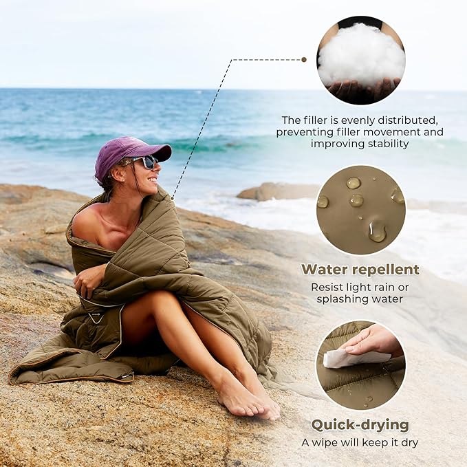KingCamp Ultralight Camping Blanket, Packable Down Alternative Puffy Wearable Blankets Weatherproof Warm Package Quilt with Snap Buttons for Outdoor Hiking Travel Picnic Stadium (69" x 53", OLIVE)