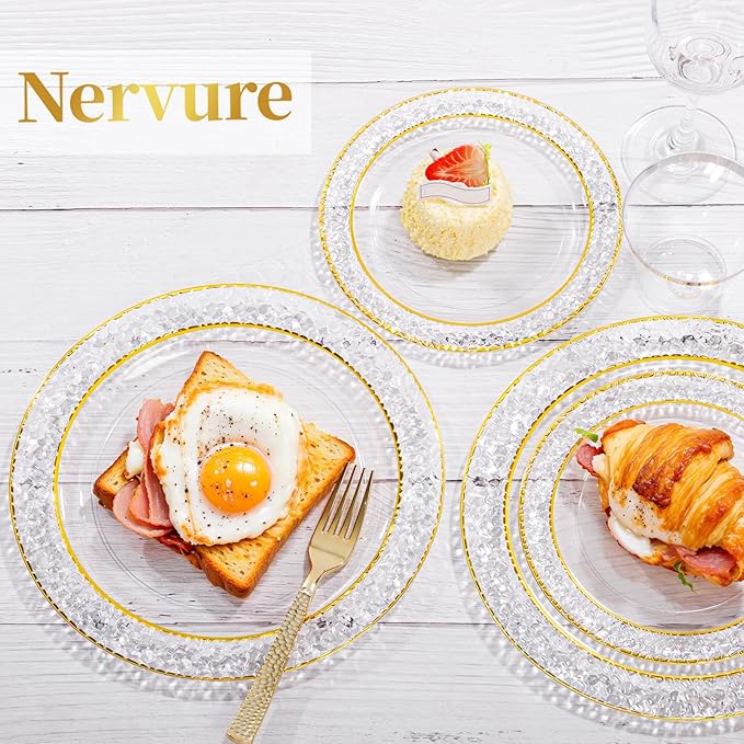 Nervure 102PCS Gold Plastic Plates - Disposable Clear Gold Party Plates Include 51PCS 10.25inch Dinner Plate & 51PCS 7.5inch Dessert Plate Perfect for Wedding & Party & Thanksgiving