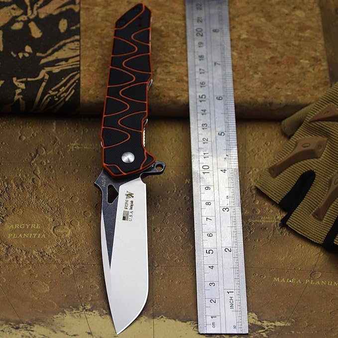 8.4in Folding Knife AUS-8 Steel Blade, G10 Handle with Anti-Slip Texture, Ball Bearing Pivot, Stonewashed Finish, EDC Pocket Knife for Camping, Hiking, Survival (AUS-8 (G10 black/orange))