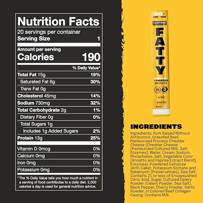 FATTY Meat Sticks, High Protein, Made with Grass Fed Beef, Pork Raised Without Antibiotics, 13g Protein Per Stick, Original Cheddar, 2 oz. (Pack of 20)
