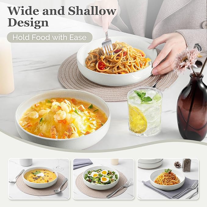 HaWare Pasta Bowls Set of 4, 33oz Large Salad Bowls for Home Kitchen, Ceramic Serving Plates for Soup, Cereal, Scratch-resistant Wide and Shallow Dinner Bowl, Microwave & Dishwasher Safe, Milky White