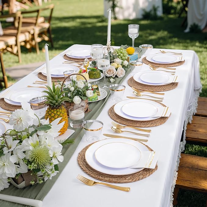 Festiva 350Pcs Gold Plastic Plates - White and Gold Dinnerware Set Disposable include 10" & 7" Plates,Cups,Silverware,Napkins -serve 50 Guests Perfect for Wedding& Birthday &Summer Party