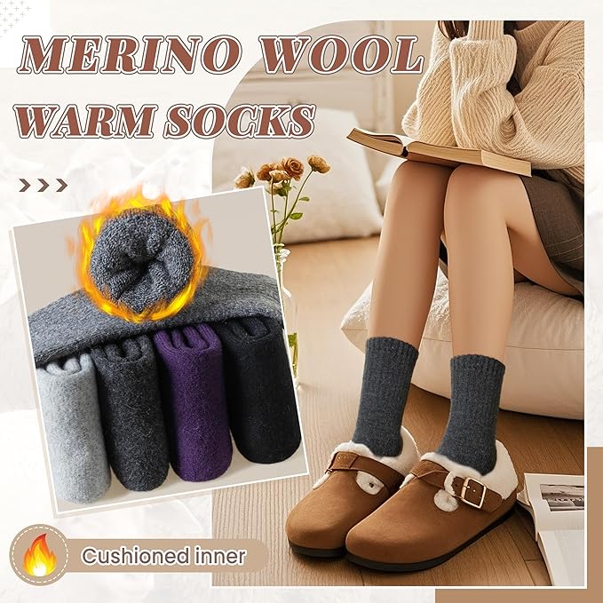 Merino Wool Socks For Women Hiking Winter Boot Thermal Warm Thick Cozy Work Crew Socks 5 Pairs