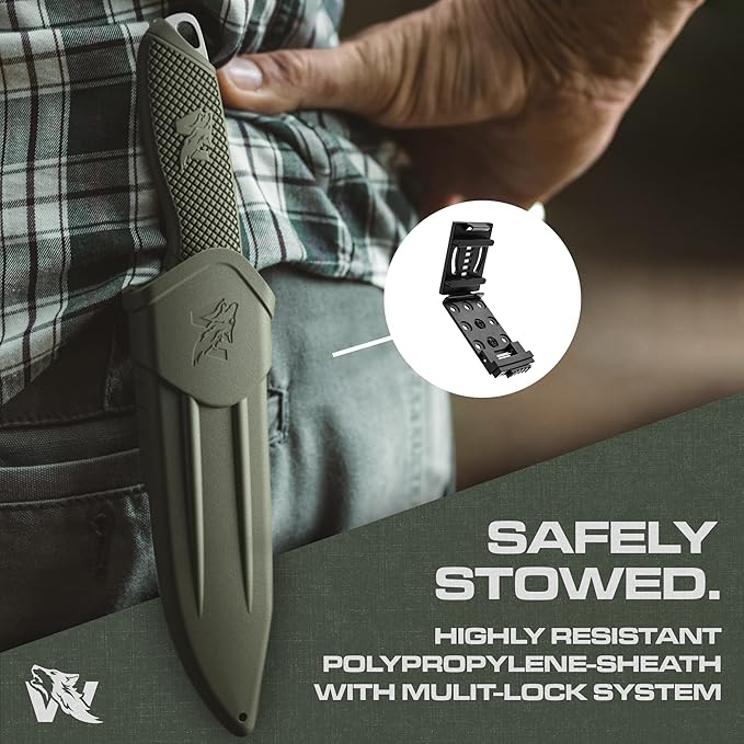 WOLF-II Full Tang Survival Knife with Sheath and Multi Lok - Strong Tactical Fixed Blade - Made of D2 Steel - Bushcraft and Camping Knife - EDC Outdoor Knife with TPE Handle