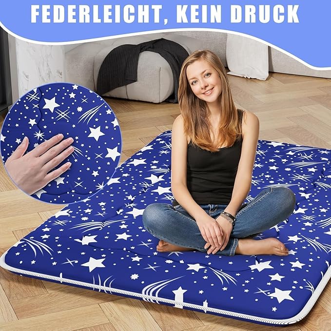 Japanese Futon Mattress, Foldable Tatami Mat Portable Dormitory Sleeping Pad with Bag & Strap, Floor Thicken Sleeping Roll up Camping Mattress (Blue WS1, 48"X80")