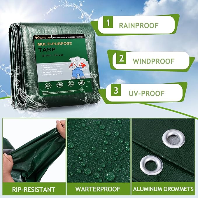 10 Mil Heavy Duty Waterproof Tarps, 10x12 Ft Finished Size Tarps, Premium Tarp with Metal Grommets & Reinforced Edge, Multipurpose Thick Tarp for Car, Boat, Roof, Camping - 2 Pack, Green