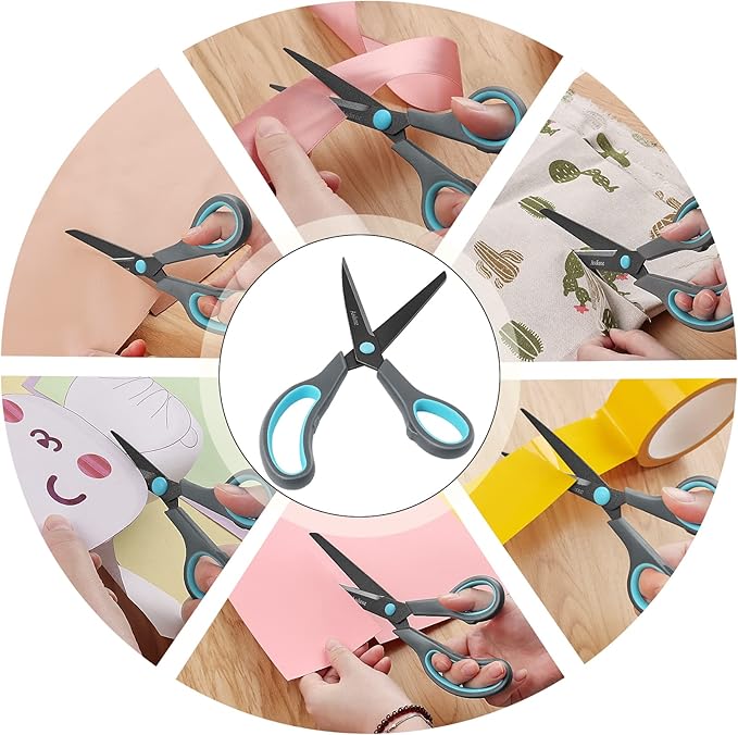 Scissors, Teflon Coating All Purpose Scissors, Non-Stick Stainless Steel Blades, Ergonomic Semi-Soft Rubber Grip, Great for Craft, Office, School, Set of 4, 10"/8.5"/6"/5", Blue&Gray