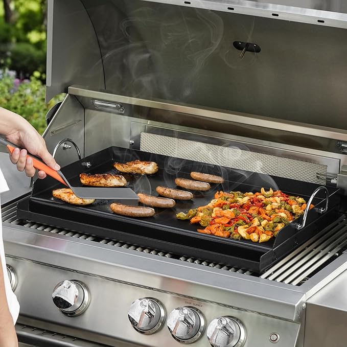 Onlyfire Universal BBQ Griddle with Handles for Charcoal/Gas Grills, Ceramic Coated Non-stick Flat Top Griddle for Outdoor Cooking, 23" x 16"