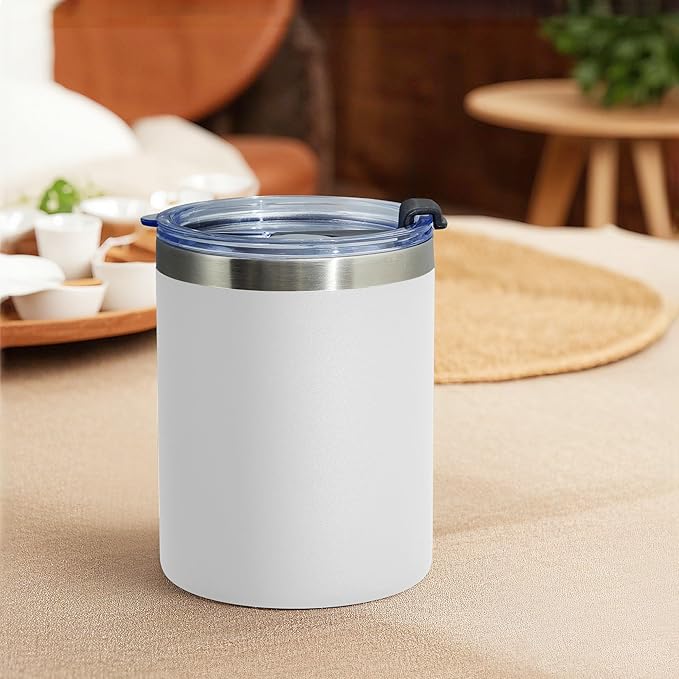 MEWAY 12 oz Lowball, Tumbler Stainless Steel Double Wall Vacuum Insulated Mug with Straw and Lid, Cleaning Brush ,Durable Powder Coated Insulated Coffee Cup for Cold & Hot Drinks (White, 12 pack)