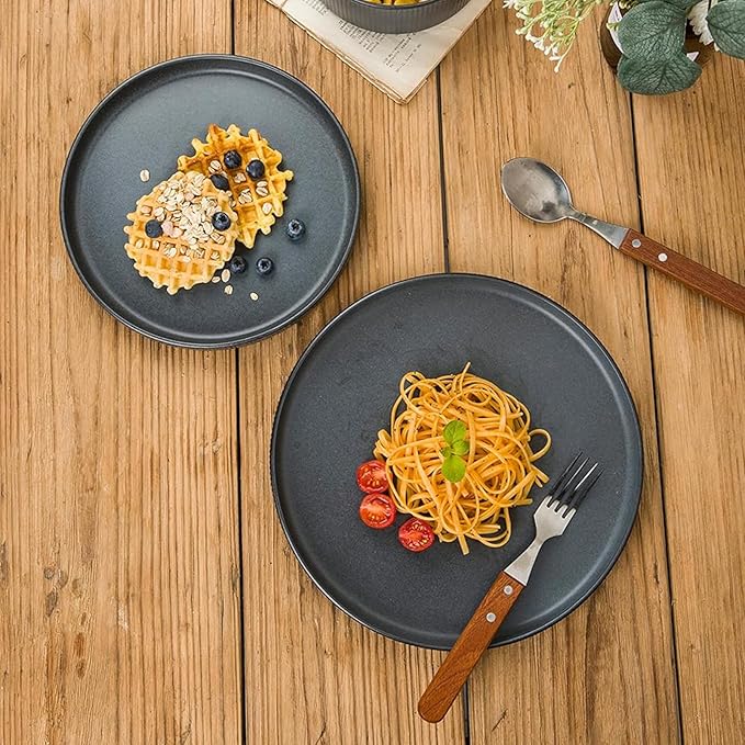 famiware Star Salad Plates for 6, 8 inches Plate Set, Stoneware Dinnerware, Small Dinner Plates for Dessert, Salad, Appetizer, Matte Dark Charcoal (Full Glaze)