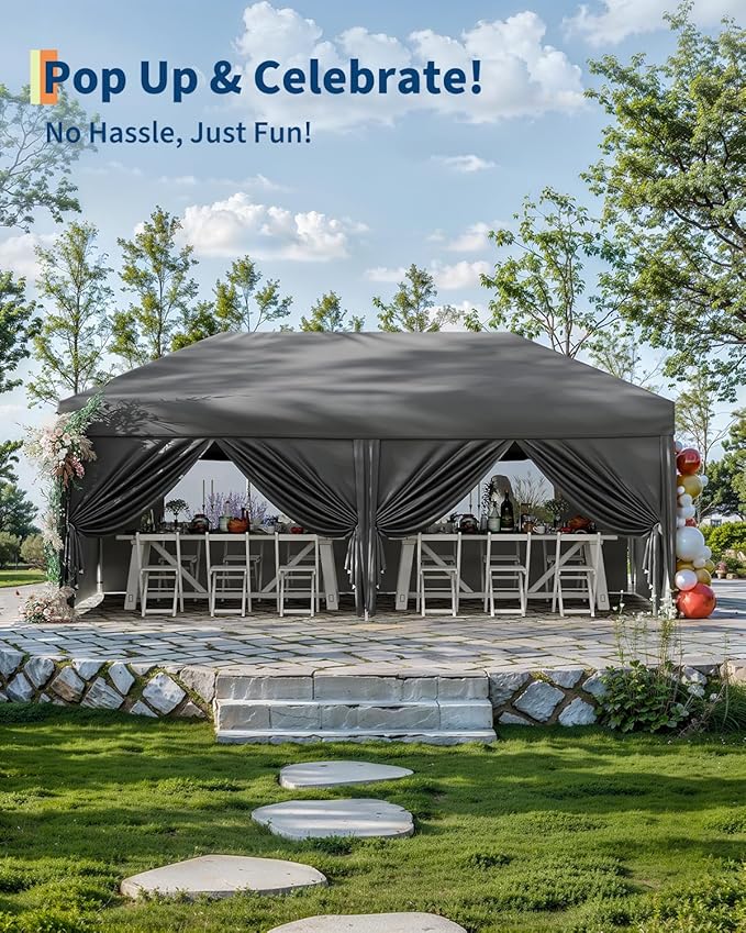 10x20 Pop Up Canopy Tent Outdoor Canopy with 6 Removable Sidewalls One-Person Set Up Heavy Duty Commercial Instant Tent Shelter-Gray