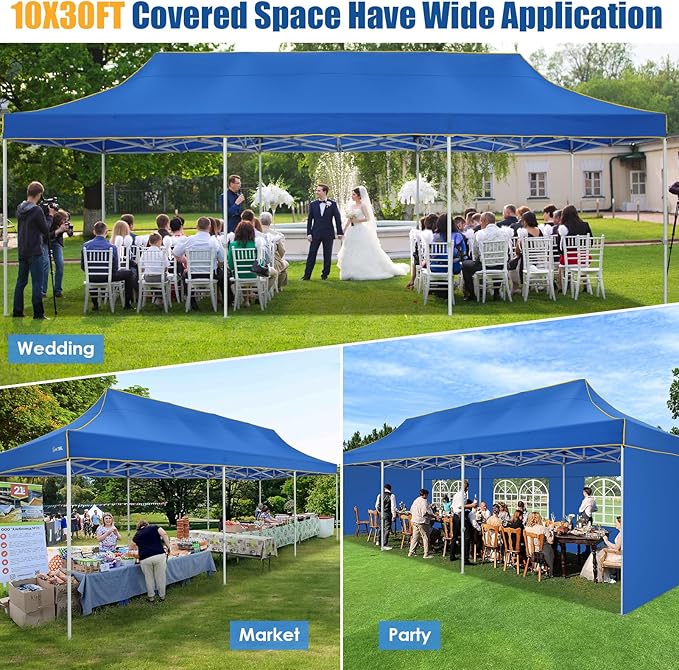 HOTEEL 10x30 Pop up Canopy Tent for Parties, Heavy Duty Easy Setup Tent with 5 Sidewalls, Outdoor Commercial Instant Gazebo for Wedding Event, with Roller Bag & Sand Bags, Blue(Hexagonal Frame)