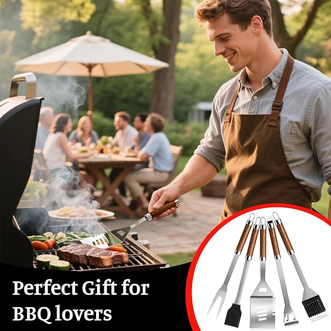 BBQ Grill Tools Set with Storage Bag and Wooden Grain Handles, Spatula, Fork, Cleaning Brush, Complete Barbecue Tool Sets for Outdoor Cooking Camping, Grilling Gifts for Men