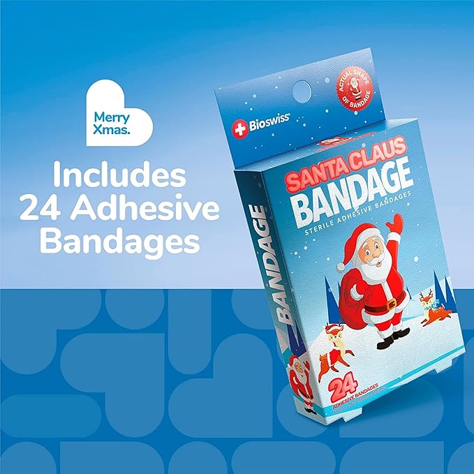 BioSwiss Bandages, Santa Claus Shaped Self Adhesive Bandage, Latex Free Sterile Wound Care, Fun First Aid Kit Supplies for Kids, 24 Count