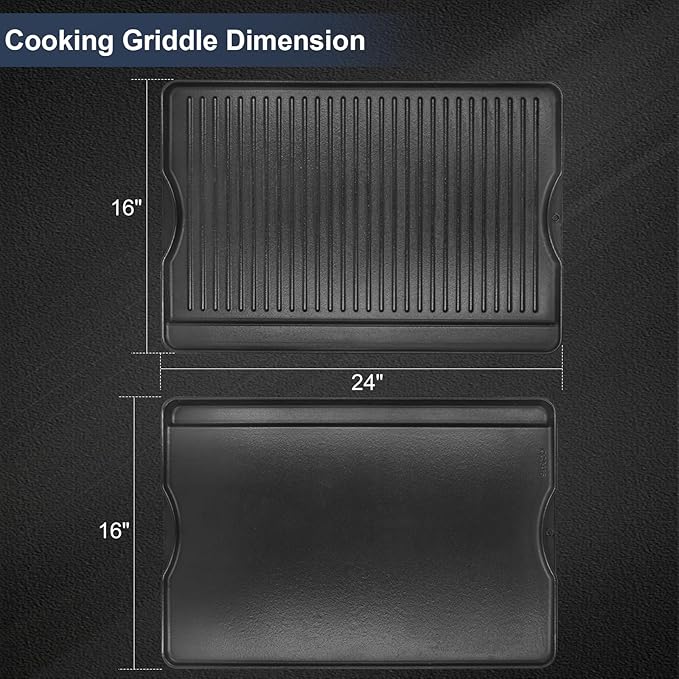 Criditpid Flat Griddle Top Plate Replacement Parts for Gas Stove, Charcoal, Electric, Propane, Gas Grill, 16” x 24” 2-in-1 Reversible Pre-Seasoned Cast Iron Cooking Griddle for Camping Tailgating.
