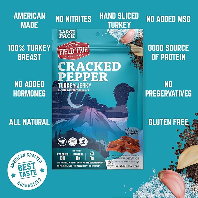 Field Trip Turkey Jerky, All Natural, Gluten Free Dried Turkey Meat, Healthy, Paleo-Friendly Low Carb Snack, High Protein Snacks with No Nitrates, 12oz Bag, Cracked Pepper
