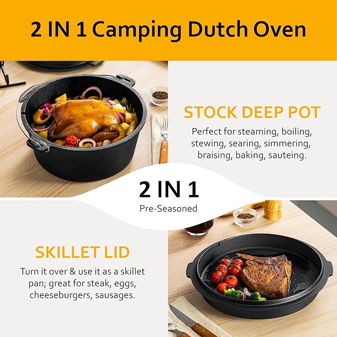 Velaze 10QT Camping Dutch Oven, Pre-Seasoned Cast Iron Camp Dutch Oven Pot with Lid, for Use in the Oven, on the Stove, Grill, or over the Campfire - Metal Handle, Lid Lifter, and Stand Support