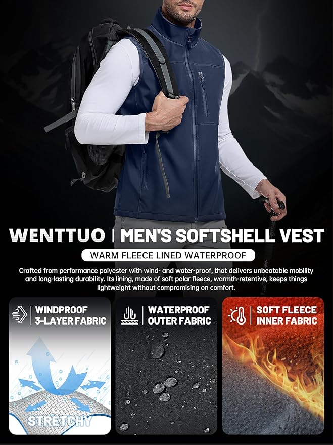 Mens Windproof Golf Vest Outerwear Fleece Lined Softshell Sleeveless Lightweight Jacket