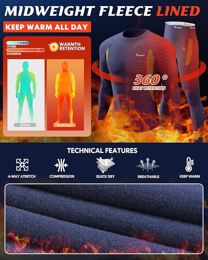 romision 2 Pack Thermal Underwear for Men Long Johns Fleece Lined Hunting Gear Bottom Top Set Base Layer Cold Weather XS-4XL