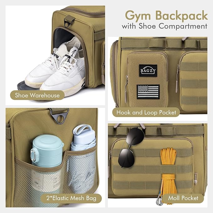 BAGZY Tactical Gym Bags for Men 3 In 1 Travel Duffle Bag 40L with Shoe Compartment Travel Backpack Fitness Weekender Deployment with 1pcs Tactical Toiletry Bag Khaki