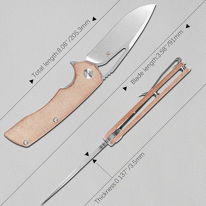 KANSEPT Kryo Pocket Knife 8.08in Folding Knives with 3.58in12C28N Steel Drop Point Blade and Brown Micarta Handle for Outdoor, Tactical, Survival and EDC T1001M4