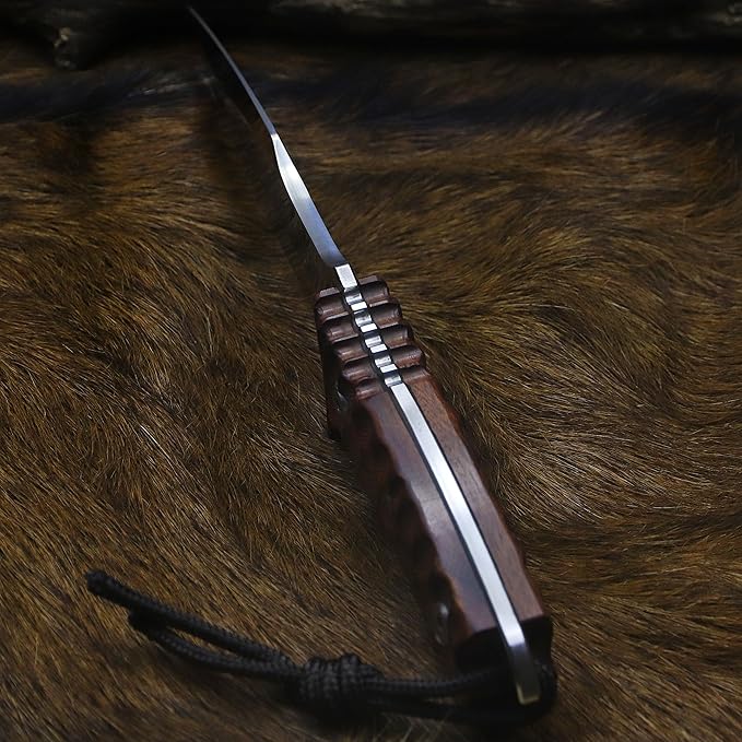BA-KOR Yellow pear wood handle 6mm 9CR18MOV steel (10.6IN) full Tang forged fixed knife + sheath & (5.9IN) iron ceric igniter, suitable for outdoor camping, tactical survival, EDC, hunting knife (6mm - King Crocodile)