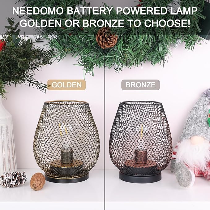 NEEDOMO Set of 6 Battery Operated Lamp Outdoor Table Lantern, LED Metal Cage with Timer Mode, Vintage Decorative Lights Cordless Lamp Indoor Outdoor Patio Bedroom Living Room (Golden)