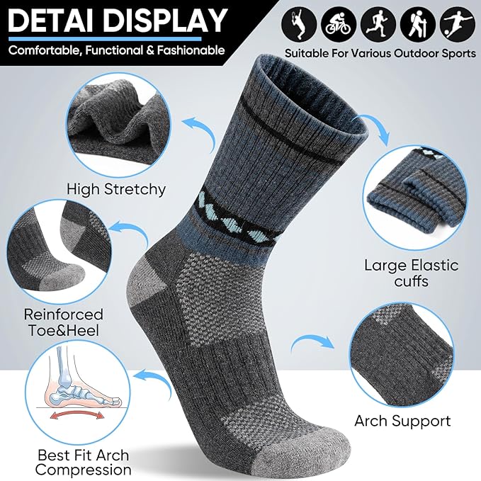 Merino Wool Hiking Socks for Men Moisture Wicking Cushion Thermal Warm Winter Crew Outdoor Boot Socks(5 Pairs)