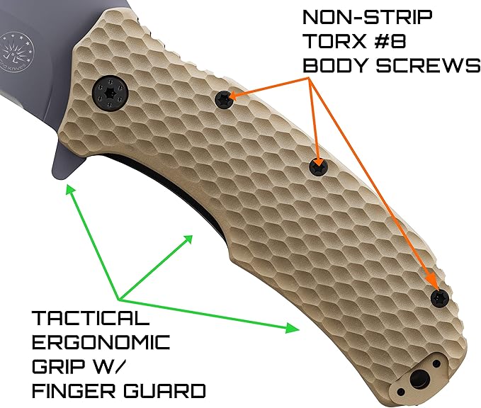 Off-Grid Knives - Rapid Fire Coyote, Large Assisted EDC, Hard Use Construction, Camping and Survival, Cryogenic D2 Blade Steel, Titanium Nitride Coating with G10 Scales, Deep Pocket Carry