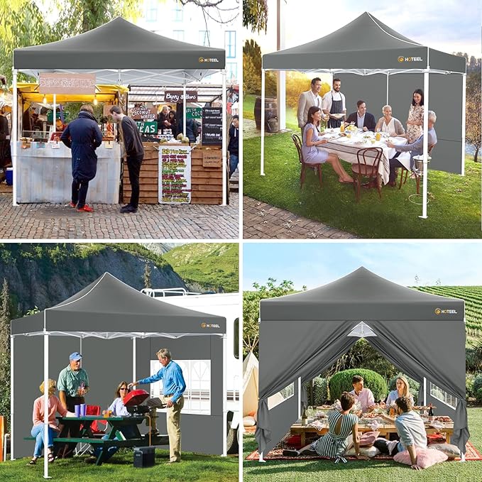HOTEEL Pop Up Canopy Tent 10x10 with Sidewalls, Commercial Instant Waterproof Canopy for Vender Patio, UV 50+ with Silver Coated, Upgraded Thickened Hexagonal Legs, Gray