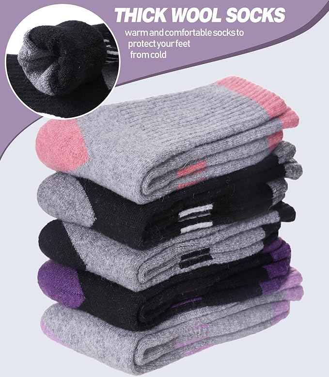 DYW Womens Merino Wool Hiking Socks Thermal Warm Winter Boot Crew Socks Cushion Work Walking Gift Socks 5 Pairs