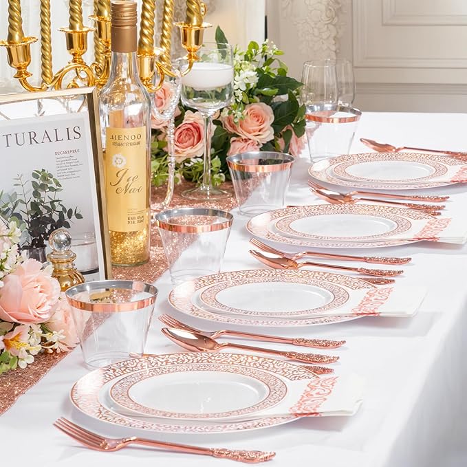 Festiva 350PCS Rose Gold Plastic Dinnerware Set - Disposable Lace Rose Gold Plates and Napkins Party Supplies - include plates,napkins,cups,silverware - Serve for 50 Guests Party&Wedding&Mother's Day
