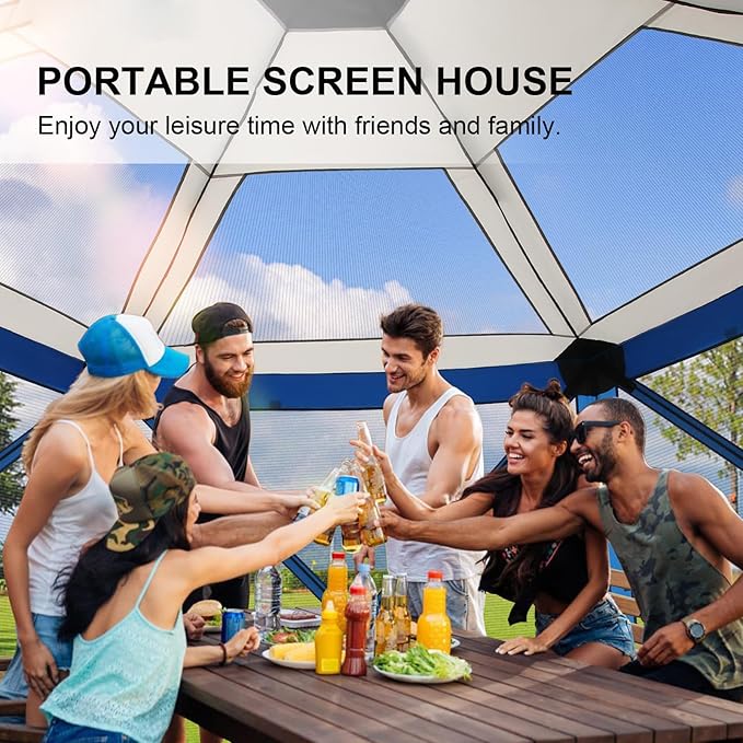COBlZl Pop Up Gazebo 12x12 Screen House Tent for Camping, Outdoor Instant Stargazing Gazebo Canopy with Awning 2.0, Portable Hub Tent with Mosquito Netting, Pavilion for Backyard,Blue