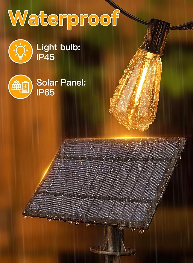 Ollny 50+2 LEDs ST38 Solar String Lights, 100 FT USB & Solar Dual Charging Outdoor String Lights, 3 Modes 5 Timers 10 Brightness 2200K Waterproof Patio Lights for Porch Garden Market Bistro Camping