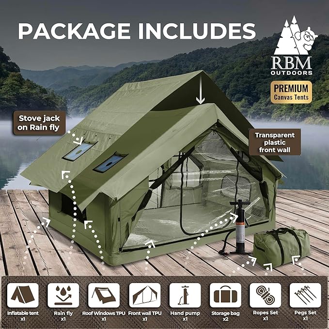 Panda Inflatable Tents for Camping with Stove Jack, Canvas Blow Up, Easy Setup Inflatable Tent, Waterproof Hot Inflatable Outdoor House, Casa de Campaña with Hand Pump
