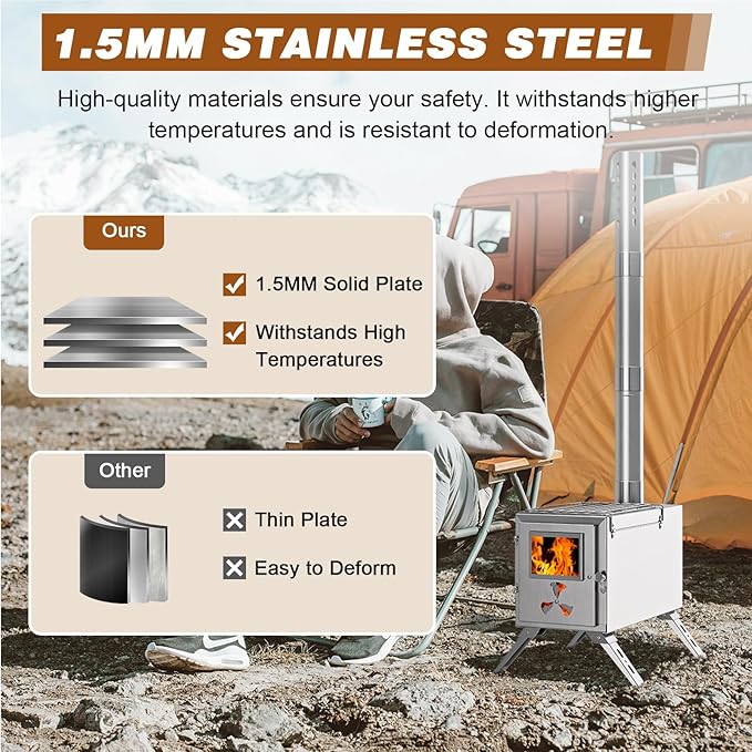 Hot Tent Stove, Camping Wood Stove for Tent, Portable Stainless Steel Wood Burning Stove with 7 Chimney Pipes for Wall Tent Camping, Cooking, Ice Fishing, Hunting, Boiling Water - Medium