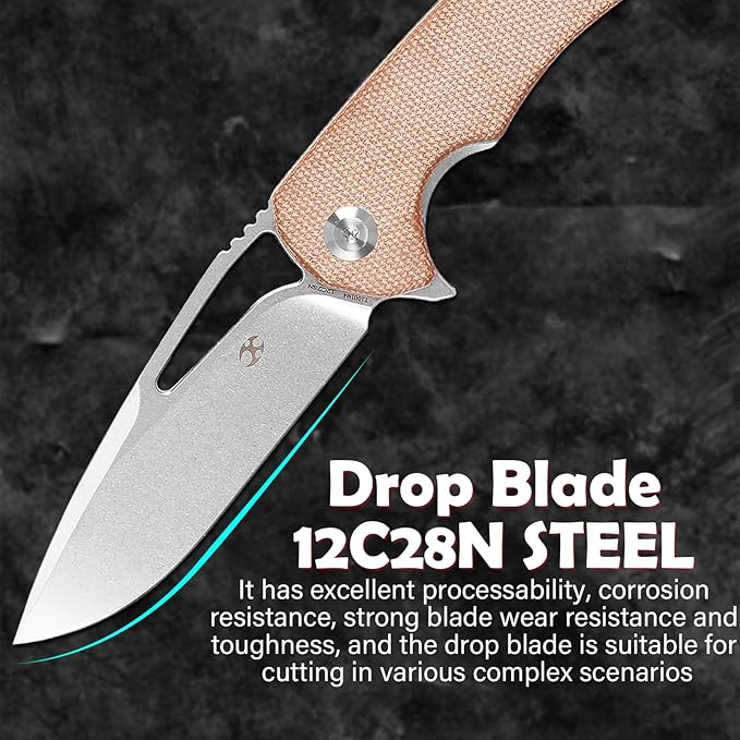 KANSEPT Kryo Pocket Knife 8.08in Folding Knives with 3.58in12C28N Steel Drop Point Blade and Brown Micarta Handle for Outdoor, Tactical, Survival and EDC T1001M4
