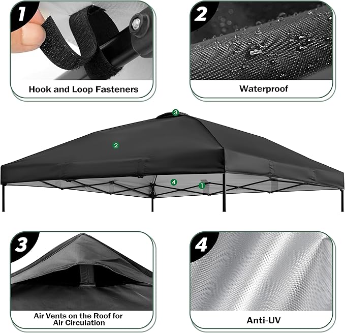Canopy Replacement Top Cover for 10x10ft Pop Up Canopy Tent with Air Vent, Waterproof UV Protection - for Outdoor, Patio, Event, Garden (Black)