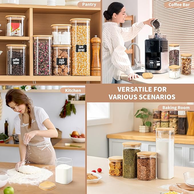 37 Oz Glass Storage Jars with Bamboo Lids - 6 Pack Clear Glass Canisters Square Airtight Stackable Ideal for Pantry Storage Containers Organizers Great for Storing Oats Coffee Beans Nuts etc