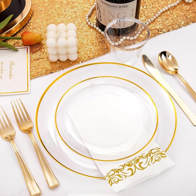 NOCCUR 350PCS Clear and Gold Plastic Plates - Gold Disposable Plastic Dinnerware Set for 50 Guests Include 100 Plastic Plates, 150 Gold Cutlery, 50 Cups&50 Napkins Idea for Wedding&Party