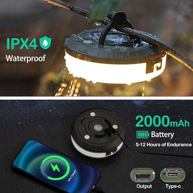 2-Pack Camping String Lights - 4 in 1 Outdoor Camping Lantern with 8 Lighting Modes(32.8Ft), Quick 30s Recovery, Waterproof, Type-C Fast Charging, Portable Camping Lights for Camping/Yard/Hiking