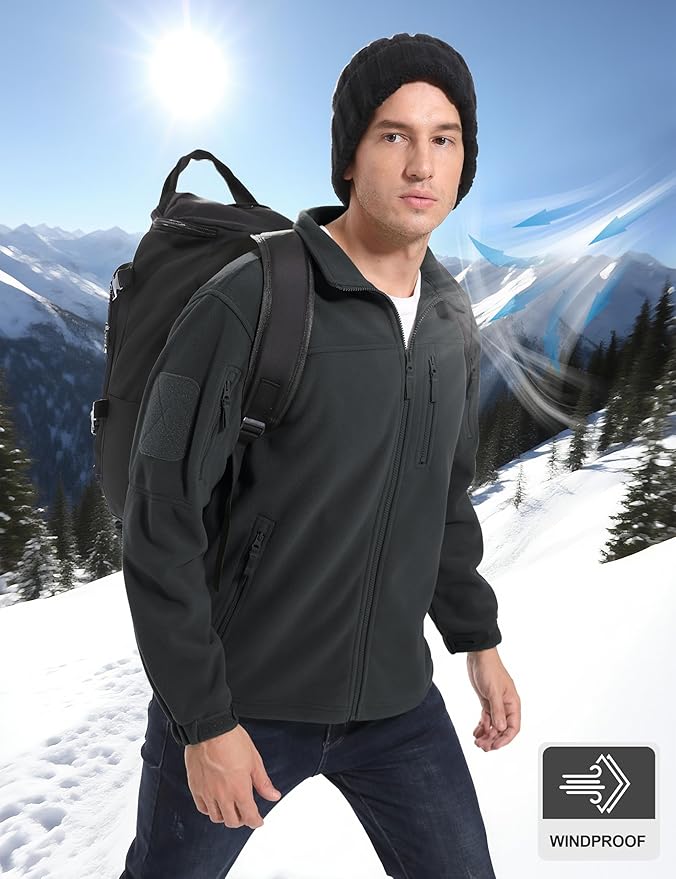 CRYSULLY Men's Fleece Jacket Tactical Full-Zip Winter Coat Jackets Multi Pockets