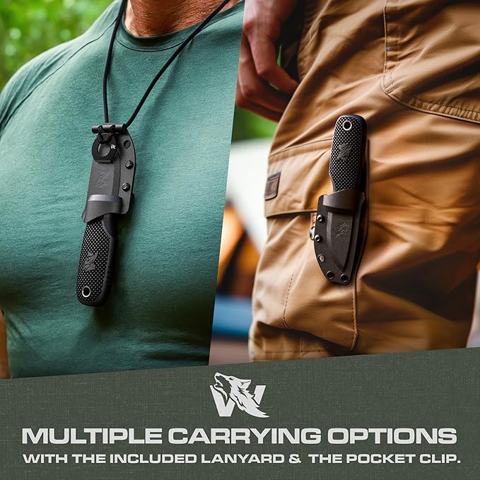 W-MINI 2 - EDC Neck Knife with Sheath and Necklace - Small EDC Fixed Blade Knife Necklace and Belt Clip - Pocket Fixed Blade Knives - Full Tang Neck Knife with Sheath Tactical + Fire Starter
