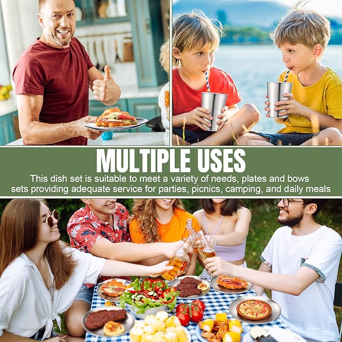 Jinei 304 Stainless Steel Dinnerware Set 10 Inch 7 Inch Stainless Steel Plates Bowls Cups Forks Spoons and Knives Sets Reusable Metal Camping Dinnerware for Home Outdoor Picnic Kitchen