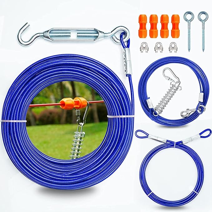 Patented Heavy Duty Dog Tie Out - X-Large Dogs Up to 250lbs - 100ft Cable & 10ft Run with 3 Stoppers for Yard & Camping