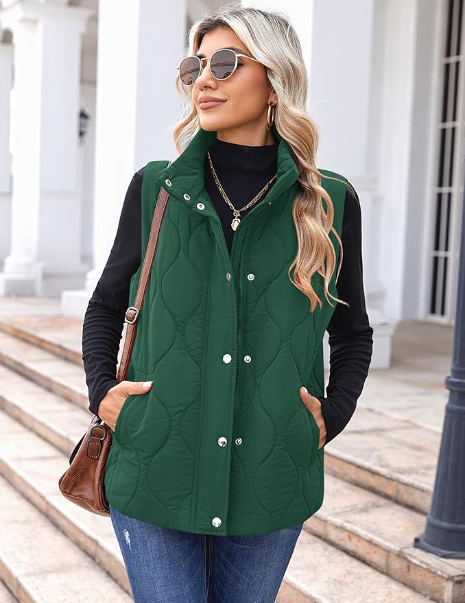 Zeagoo Puffer Vest Women Sleeveless Quilted Jacket Lightweight Snap Zip Up Stand-up Collar Down with Pockets Outerwear